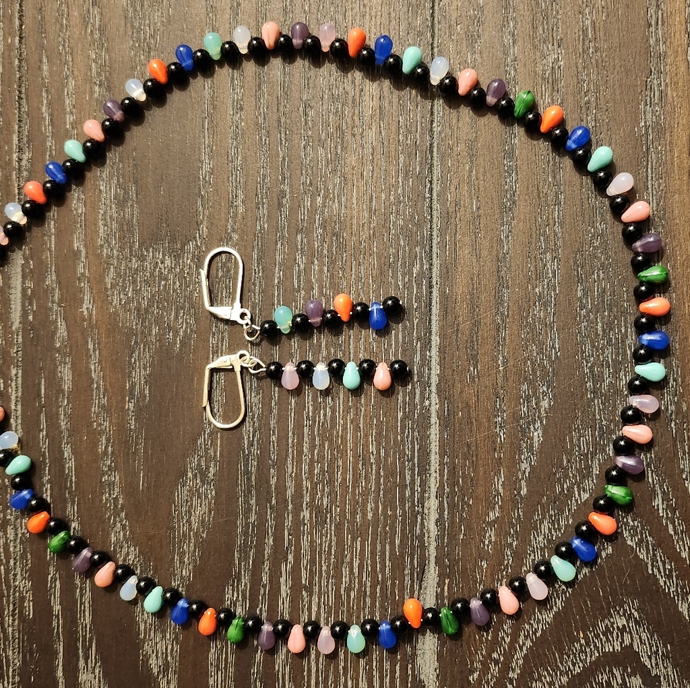 18" Black with multi colored briolettes necklace and earrings